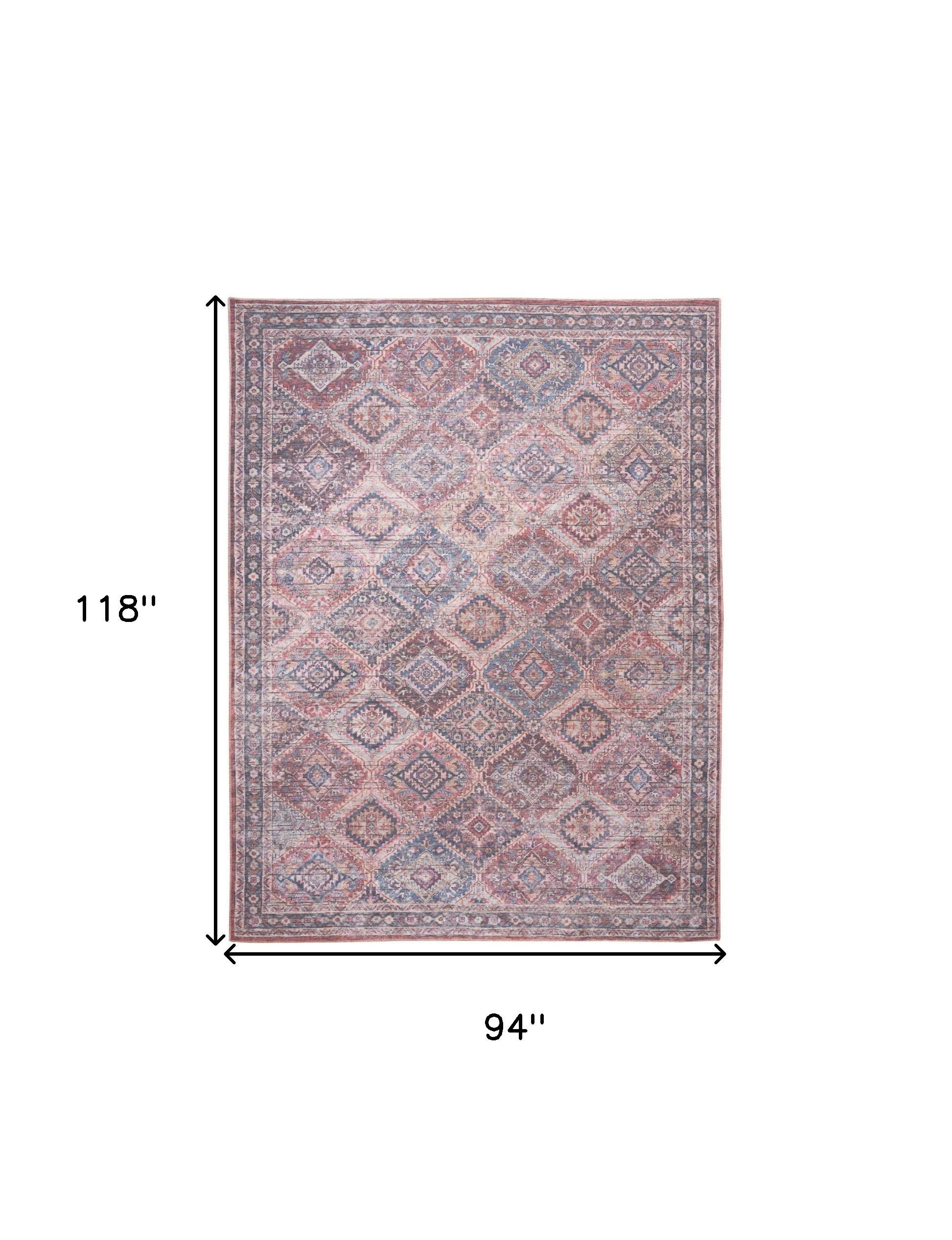 8" X 10" Blue and Red Floral Power Loom Distressed Washable Area Rug