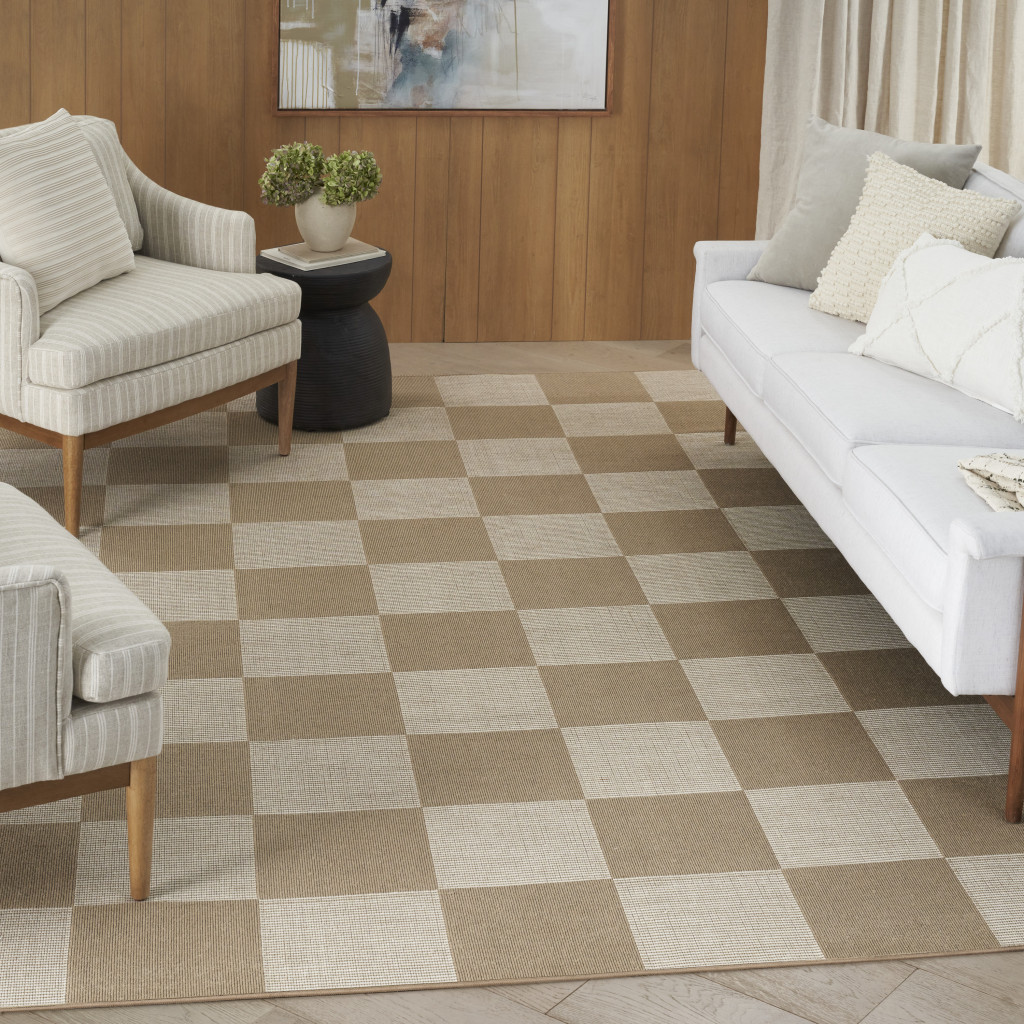 8" X 10" Natural and Ivory Geometric Power Loom Washable Non Skid Area Rug
