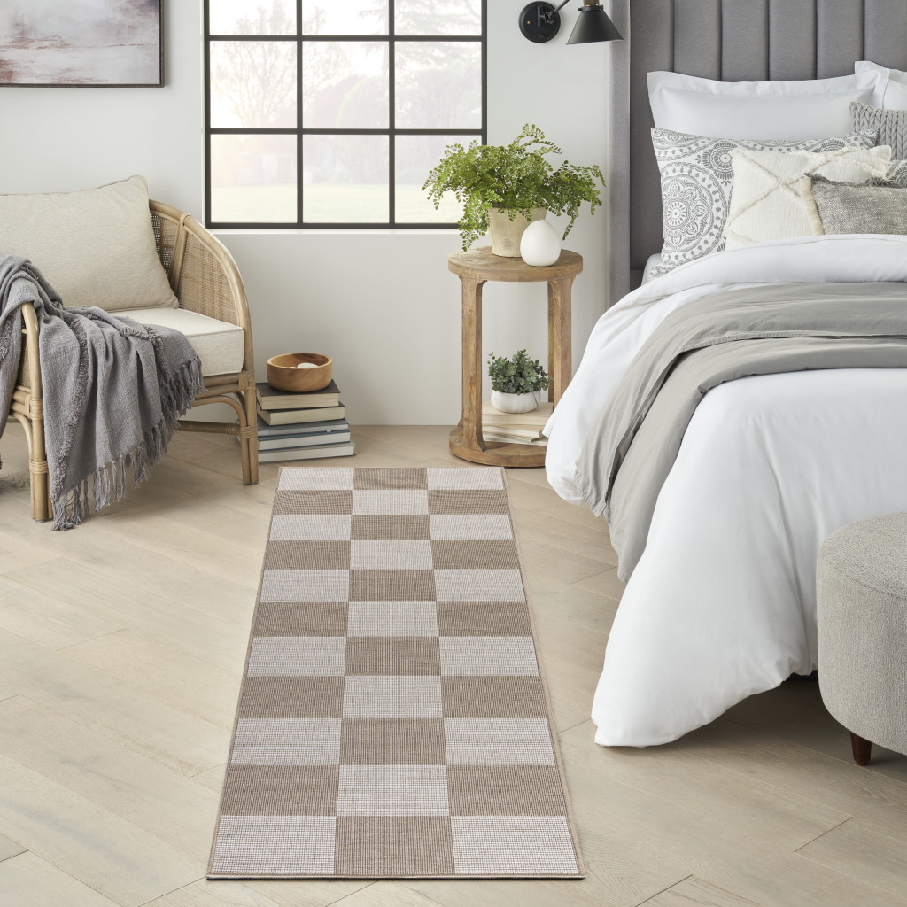 8" Natural and Ivory Geometric Power Loom Washable Non Skid Runner Rug
