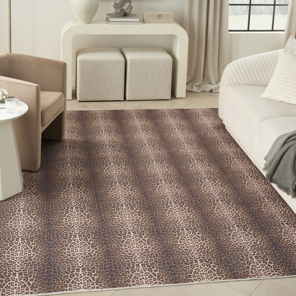 5" X 7" Brown and Ivory Leopard Print Power Loom Washable Non Skid Area Rug