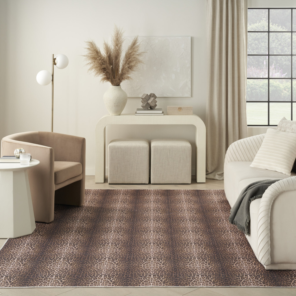 5" X 7" Brown and Ivory Leopard Print Power Loom Washable Non Skid Area Rug