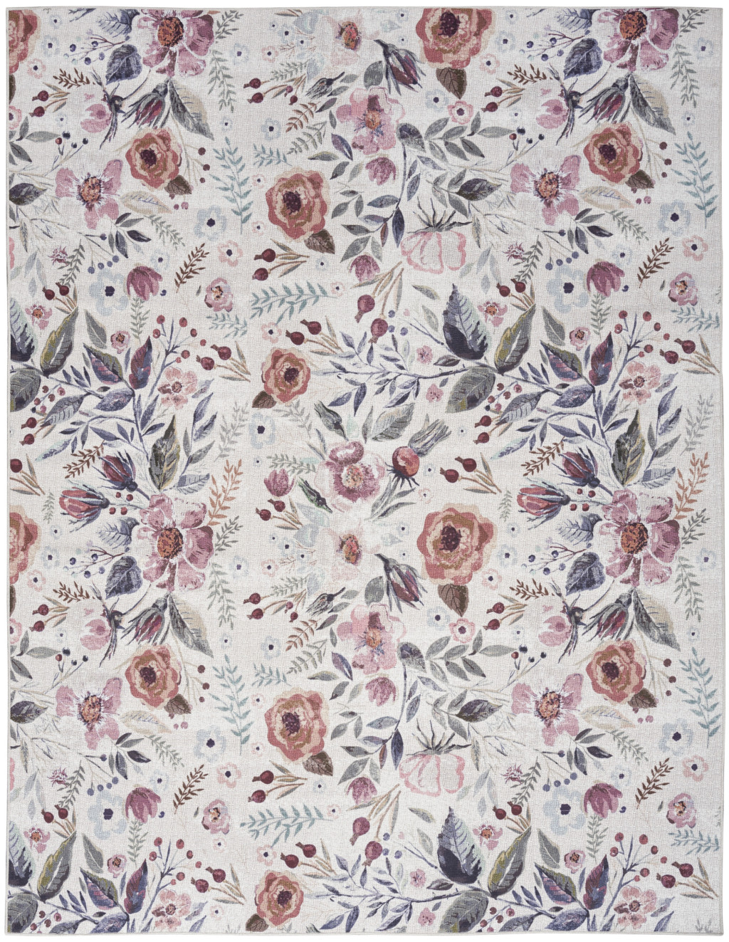 5 x 7 Ivory Pink and green Floral Power Loom Washable Non Skid Area Rug