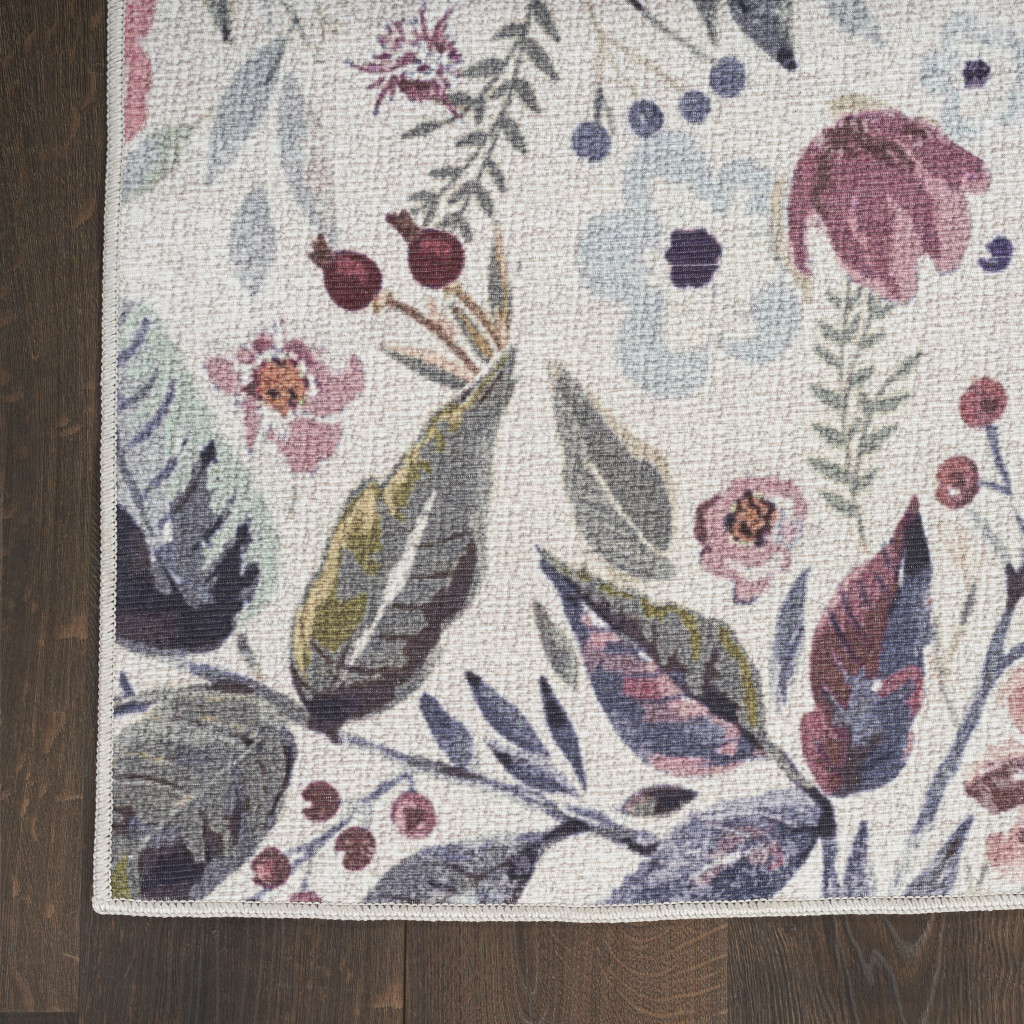 5 x 7 Ivory Pink and green Floral Power Loom Washable Non Skid Area Rug