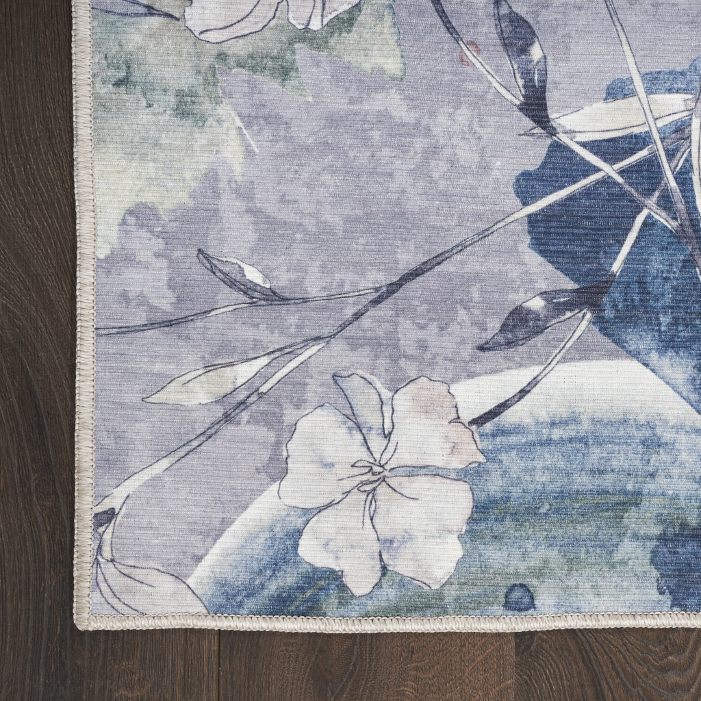 5" X 7" Ivory Blue and Gray Floral Power Loom Washable Non Skid Area Rug