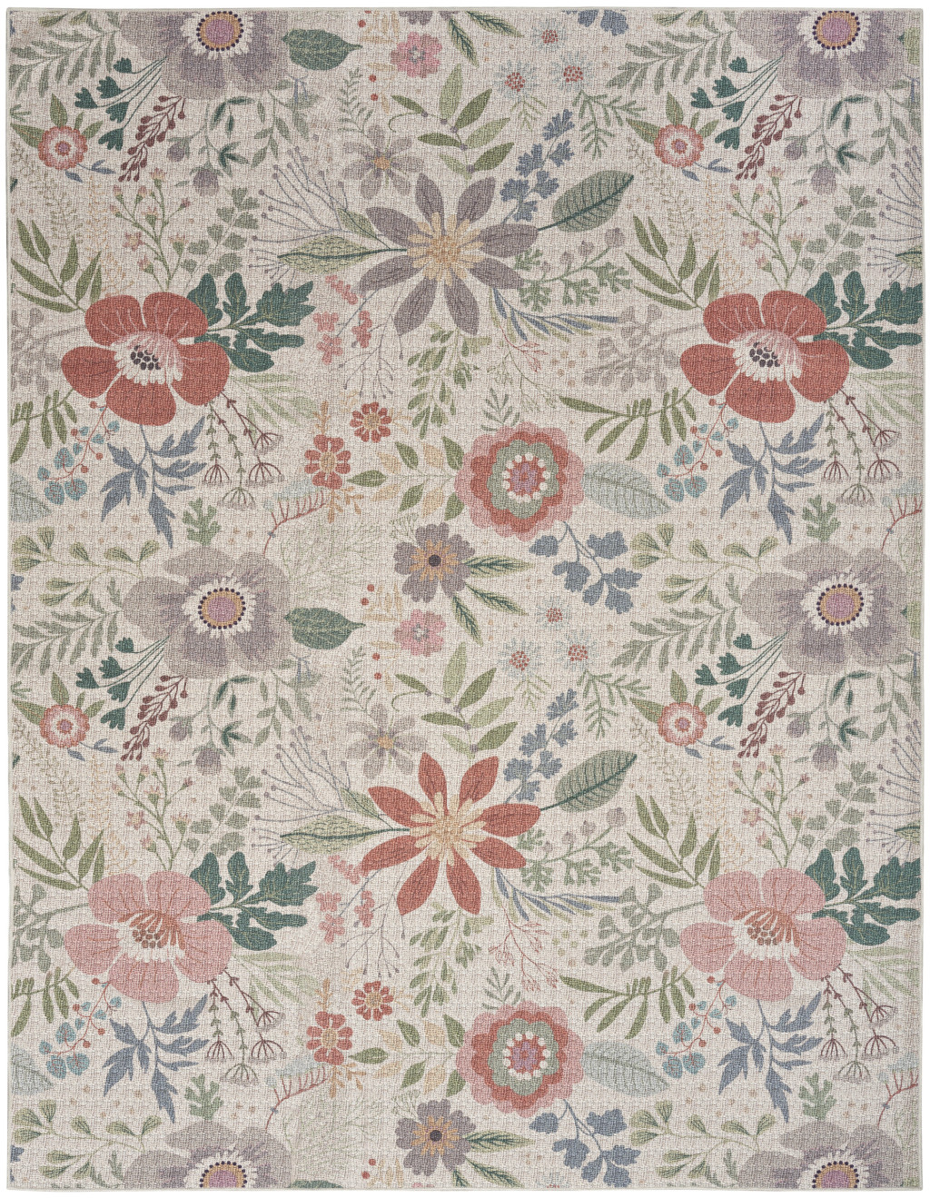 5 x 7 Ivory green and Red Floral Power Loom Washable Non Skid Area Rug