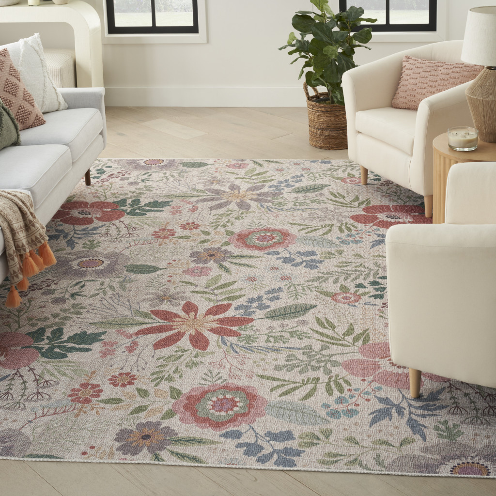 5" X 7" Ivory Green and Red Floral Power Loom Washable Non Skid Area Rug