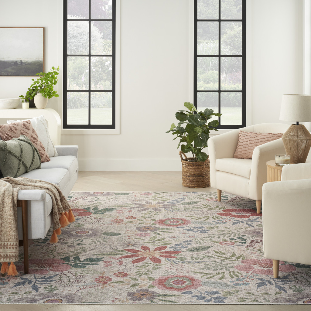 5" X 7" Ivory Green and Red Floral Power Loom Washable Non Skid Area Rug