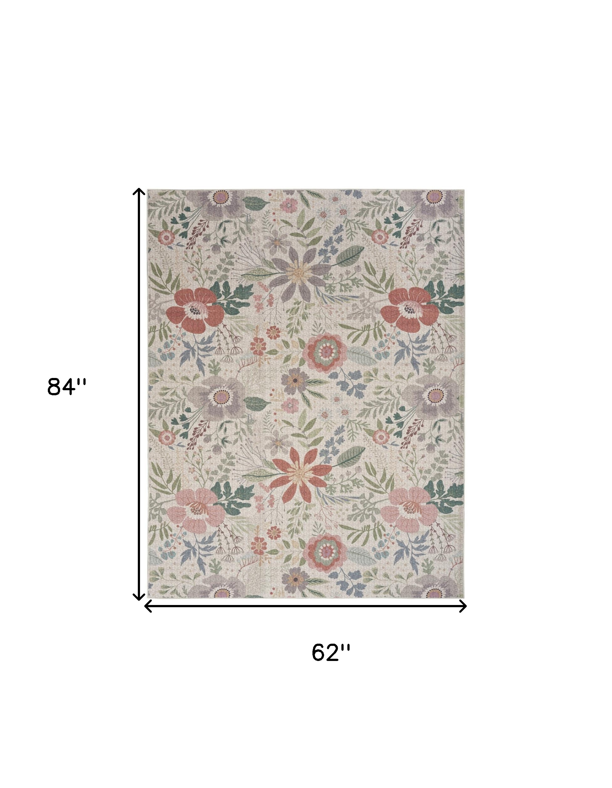 5" X 7" Ivory Green and Red Floral Power Loom Washable Non Skid Area Rug