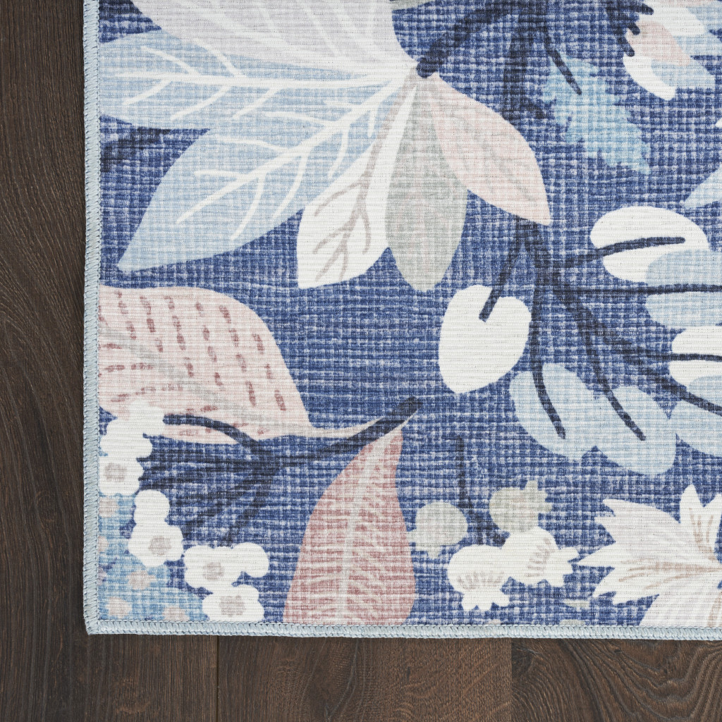 5 x 7 Blue and Off White Floral Power Loom Washable Non Skid Area Rug