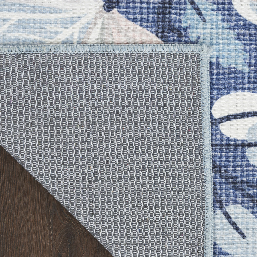 5" X 7" Blue and Off White Floral Power Loom Washable Non Skid Area Rug