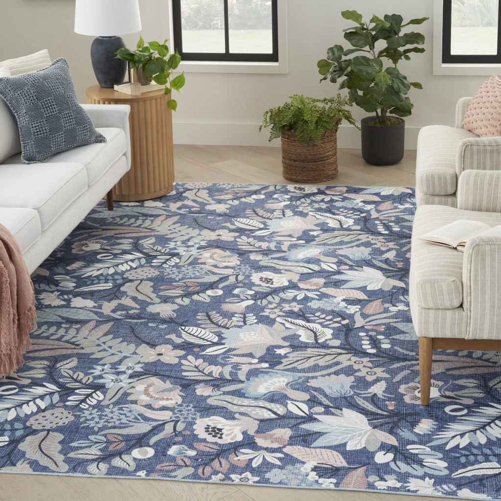5" X 7" Blue and Off White Floral Power Loom Washable Non Skid Area Rug