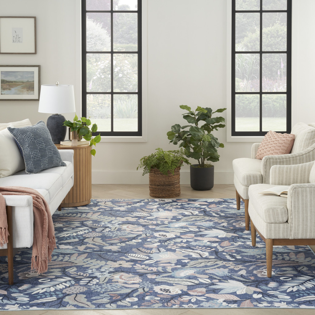 5" X 7" Blue and Off White Floral Power Loom Washable Non Skid Area Rug