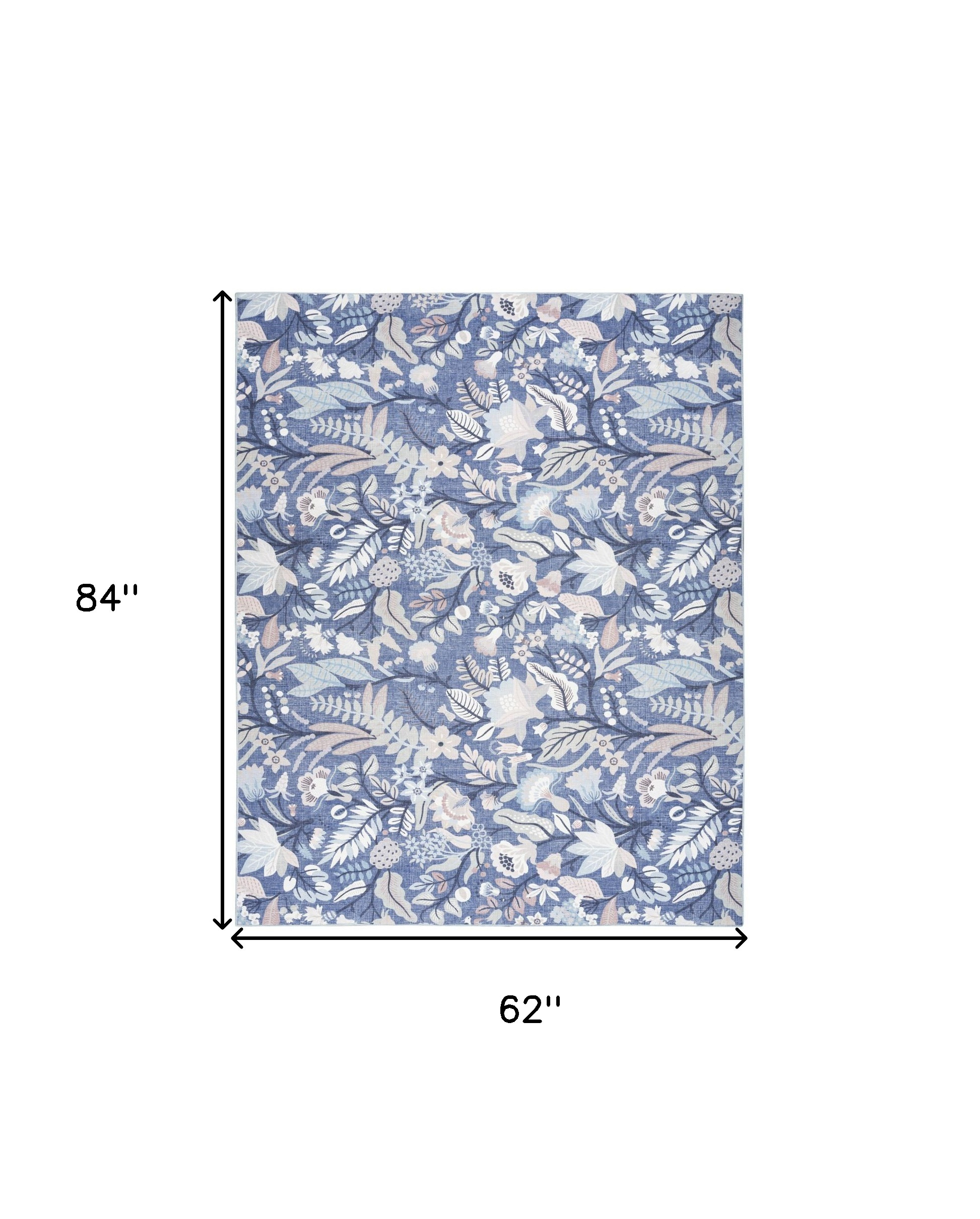 5" X 7" Blue and Off White Floral Power Loom Washable Non Skid Area Rug