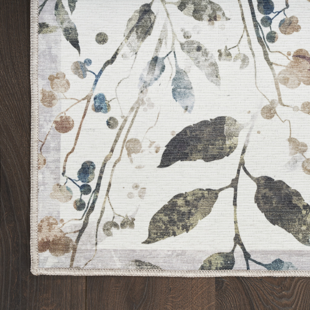 5 x 7 Ivory green and Red Floral Power Loom Washable Non Skid Area Rug