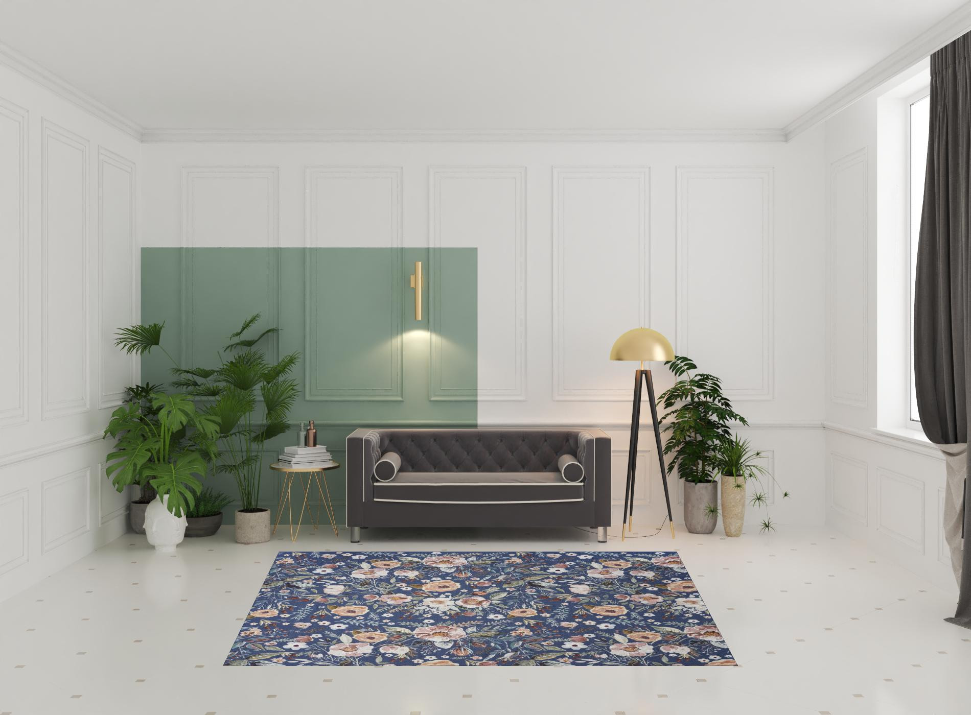 6 x 9 Blue and green Floral Power Loom Washable Non Skid Area Rug