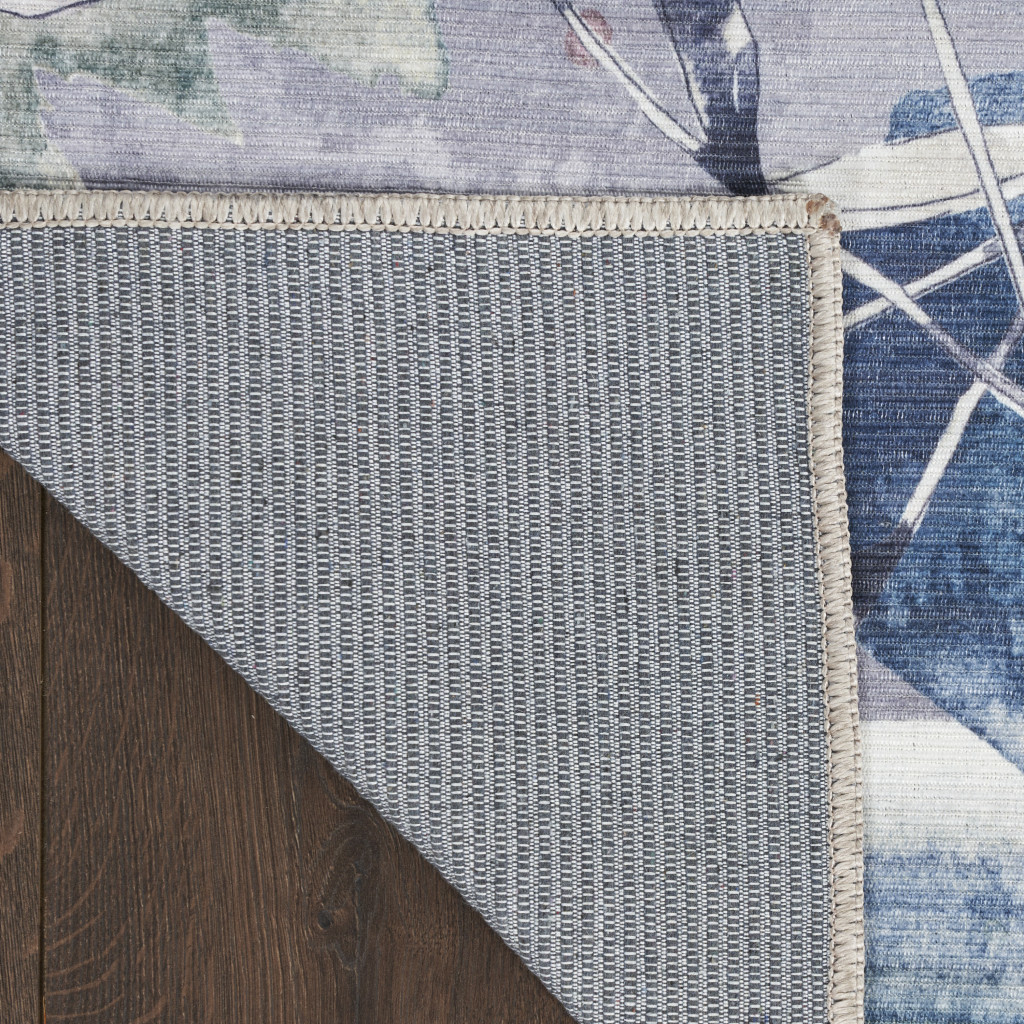 6" X 9" Ivory Blue and Gray Floral Power Loom Washable Non Skid Area Rug