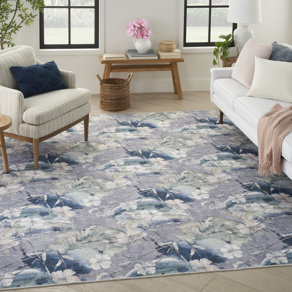 6" X 9" Ivory Blue and Gray Floral Power Loom Washable Non Skid Area Rug