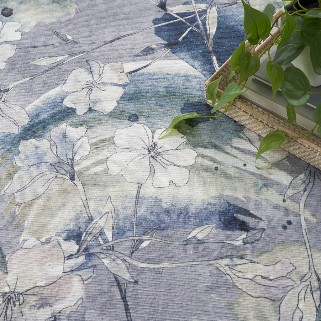 6" X 9" Ivory Blue and Gray Floral Power Loom Washable Non Skid Area Rug