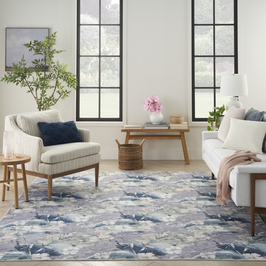 6" X 9" Ivory Blue and Gray Floral Power Loom Washable Non Skid Area Rug
