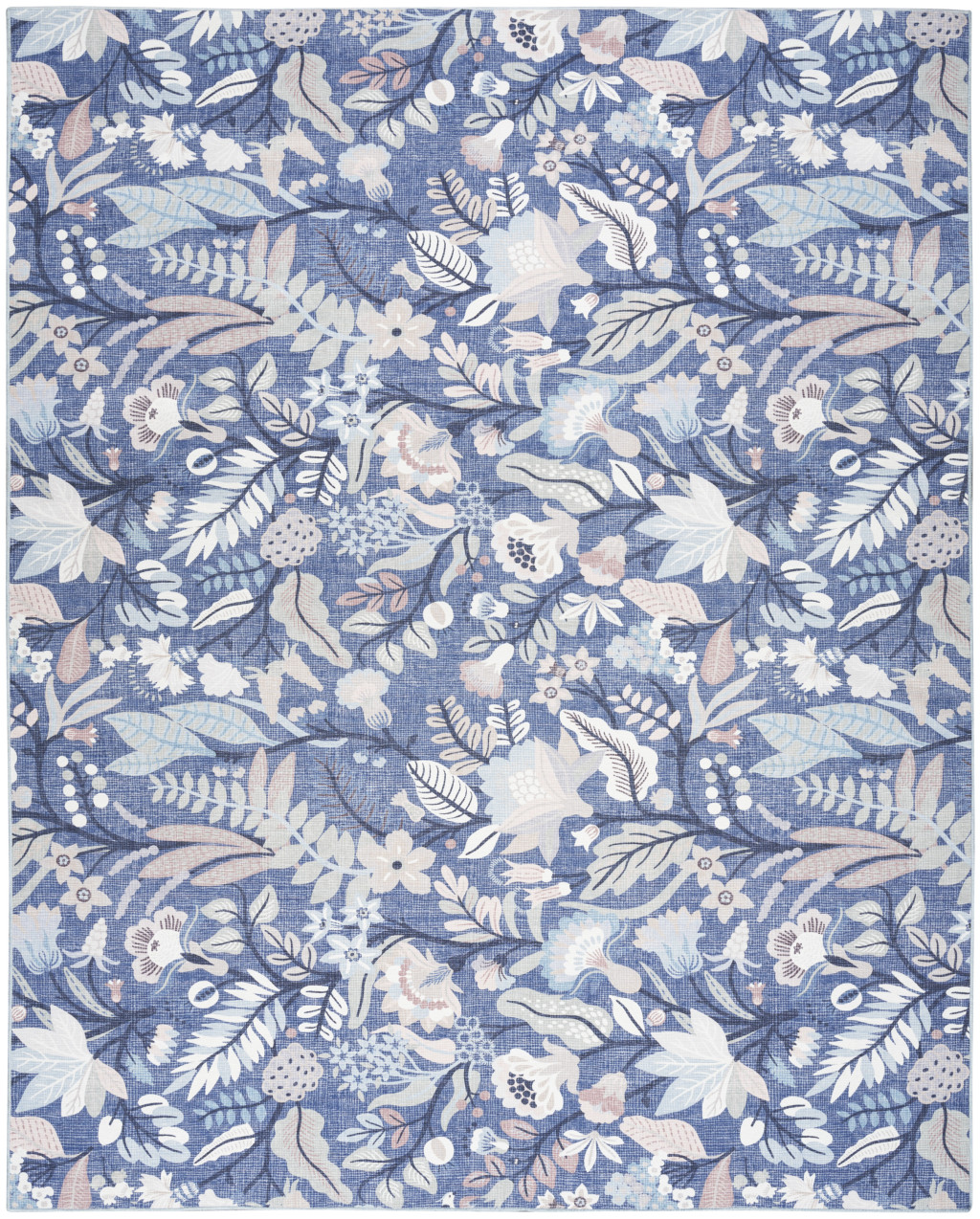 6 x 9 Blue and Off White Floral Power Loom Washable Non Skid Area Rug