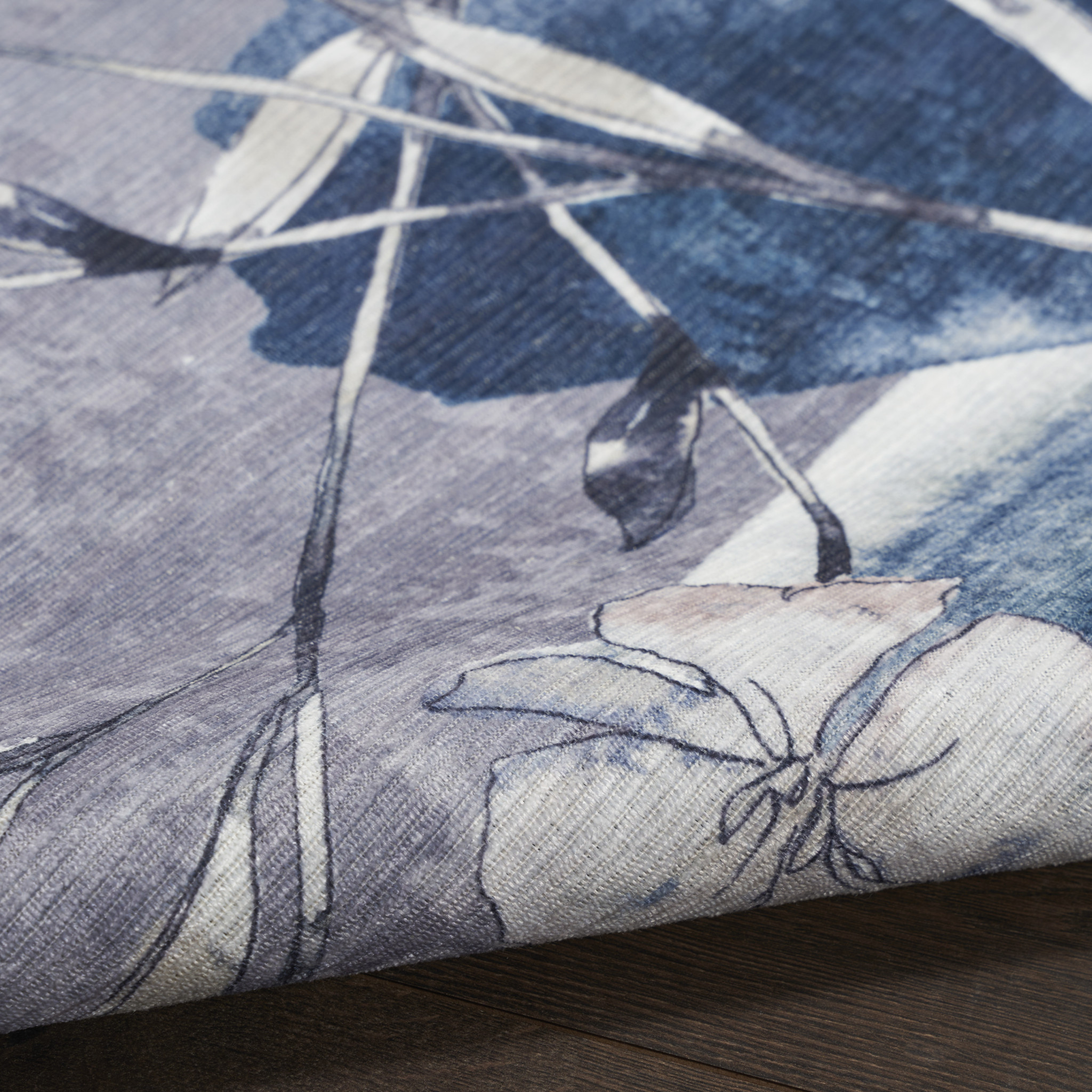 8 Ivory Blue and gray Floral Power Loom Washable Non Skid Runner Rug
