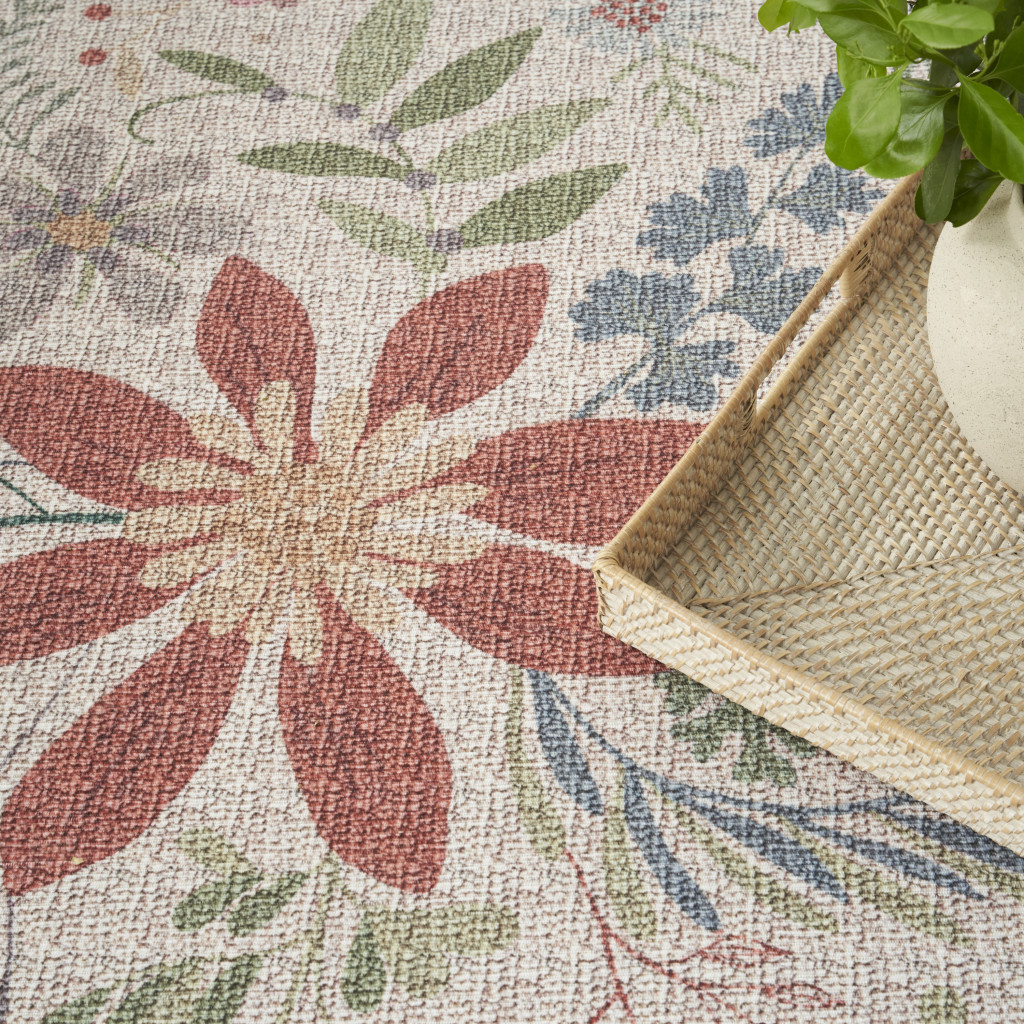 8" X 10" Ivory Green and Red Floral Power Loom Washable Non Skid Area Rug