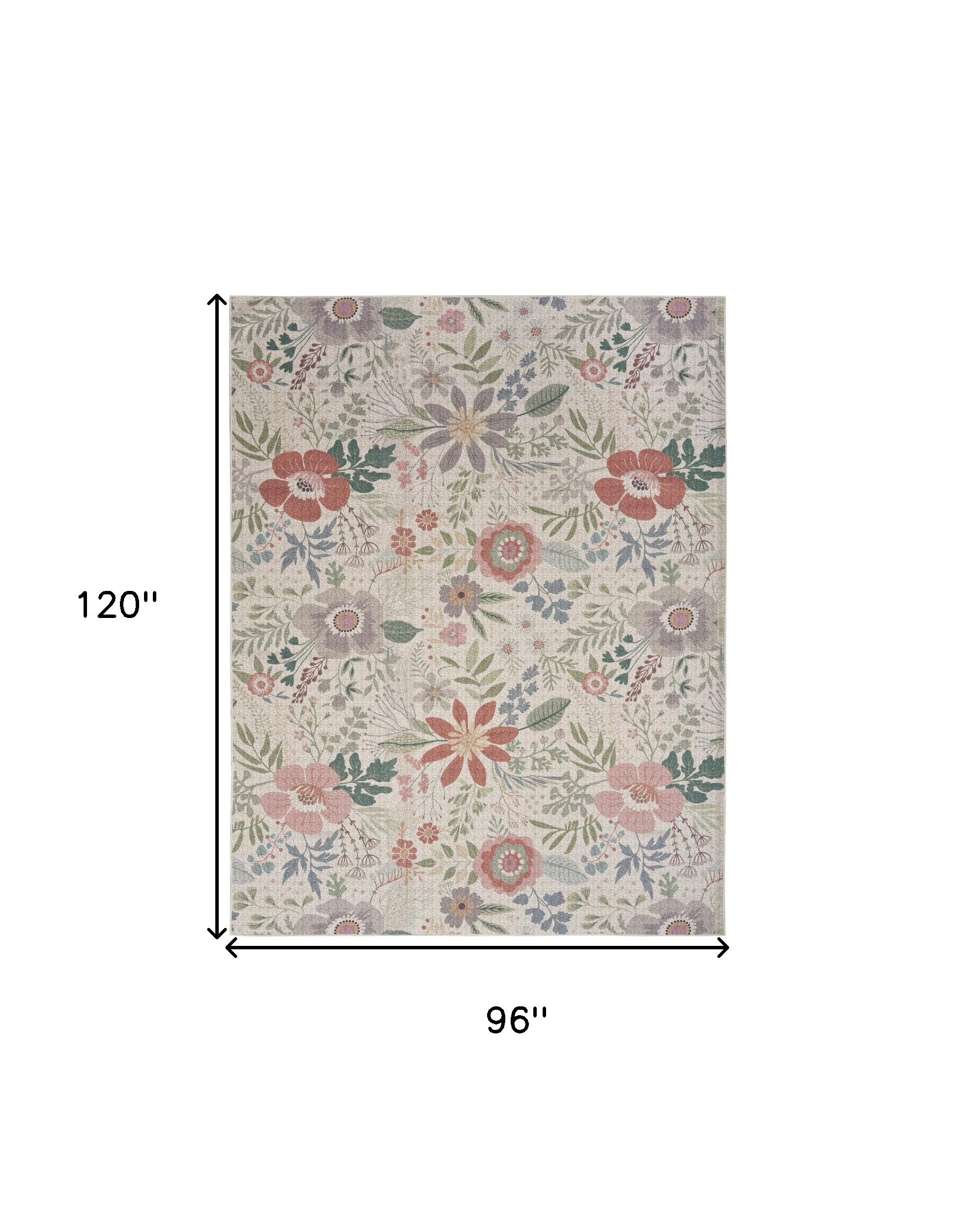 8" X 10" Ivory Green and Red Floral Power Loom Washable Non Skid Area Rug