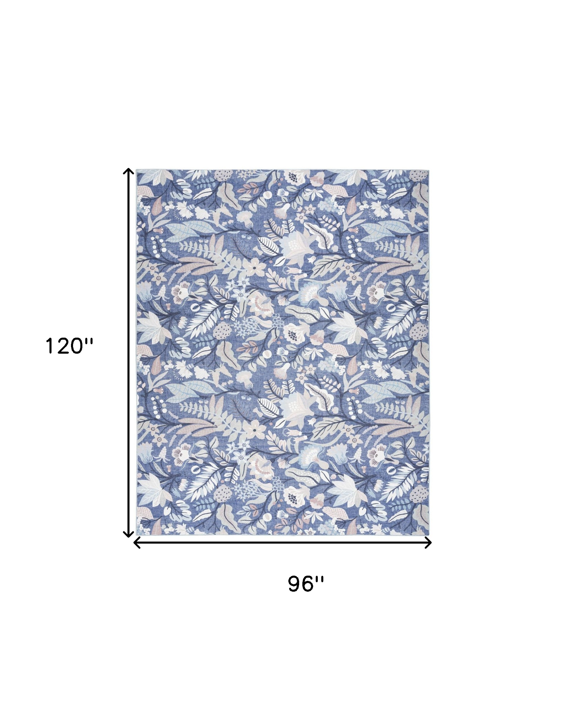 8" X 10" Blue and Off White Floral Power Loom Washable Non Skid Area Rug