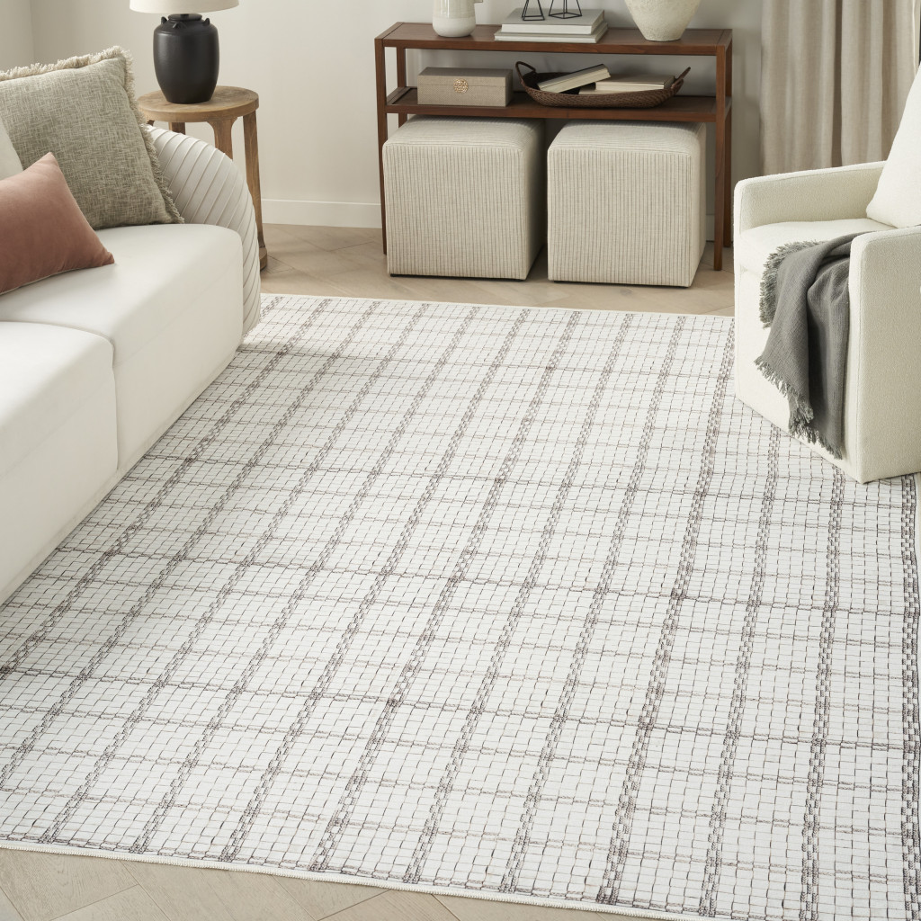 5" X 7" Ivory and Gray Geometric Power Loom Washable Non Skid Area Rug