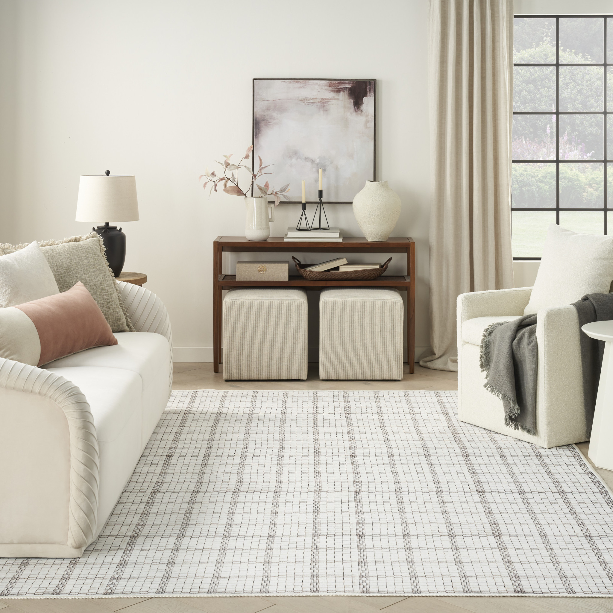 5" X 7" Ivory and Gray Geometric Power Loom Washable Non Skid Area Rug