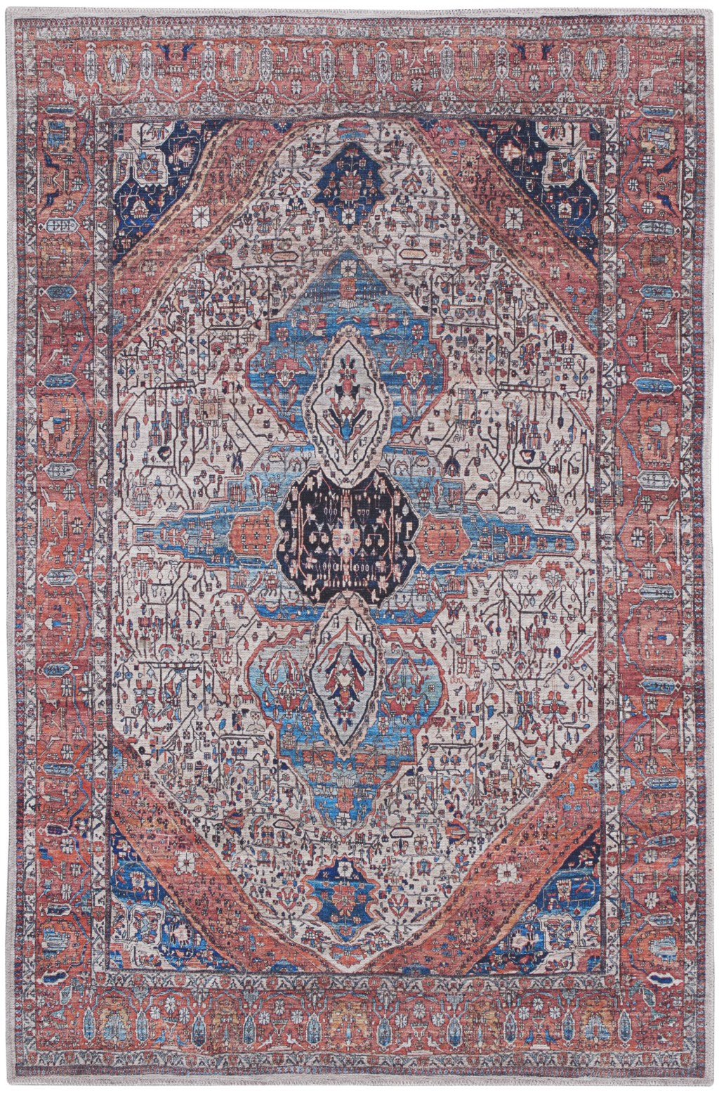 4" X 6" Red and Ivory Oriental Power Loom Distressed Washable Non Skid Area Rug