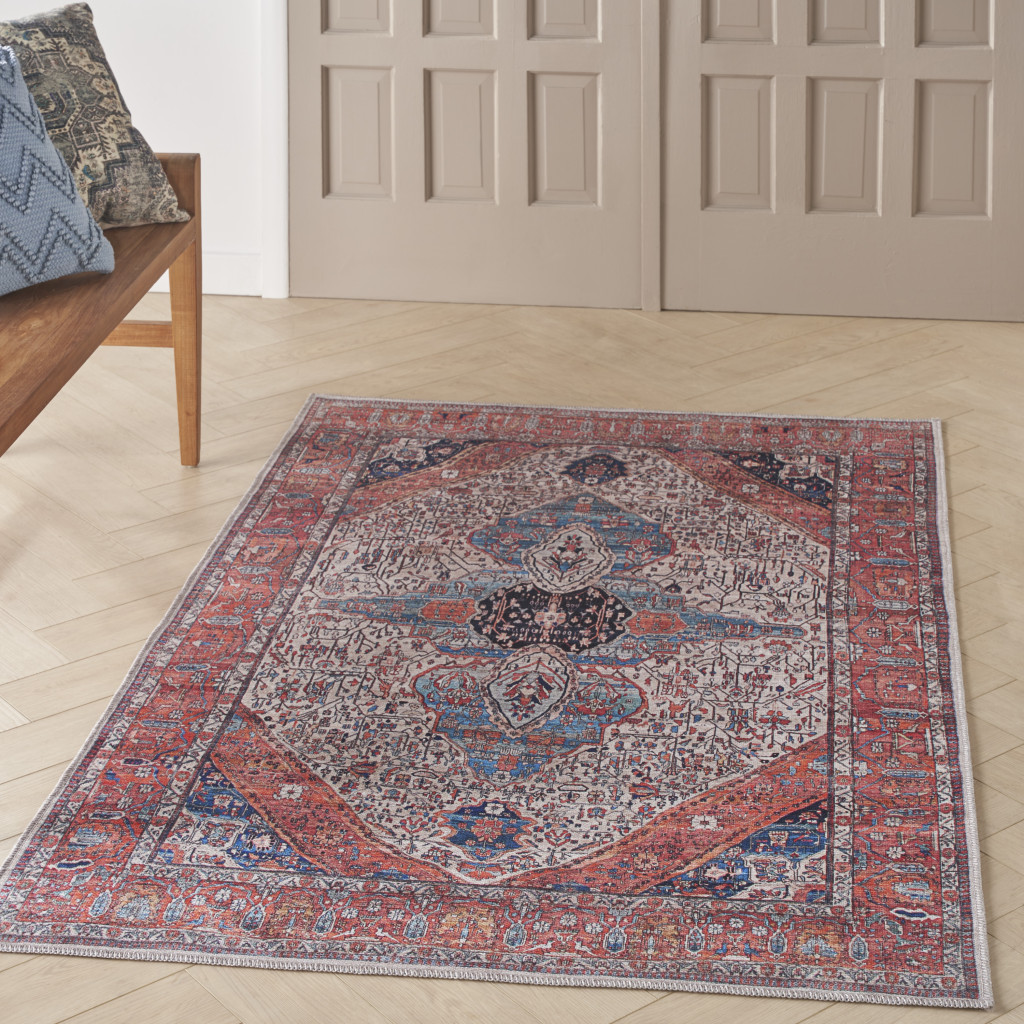 4" X 6" Red and Ivory Oriental Power Loom Distressed Washable Non Skid Area Rug
