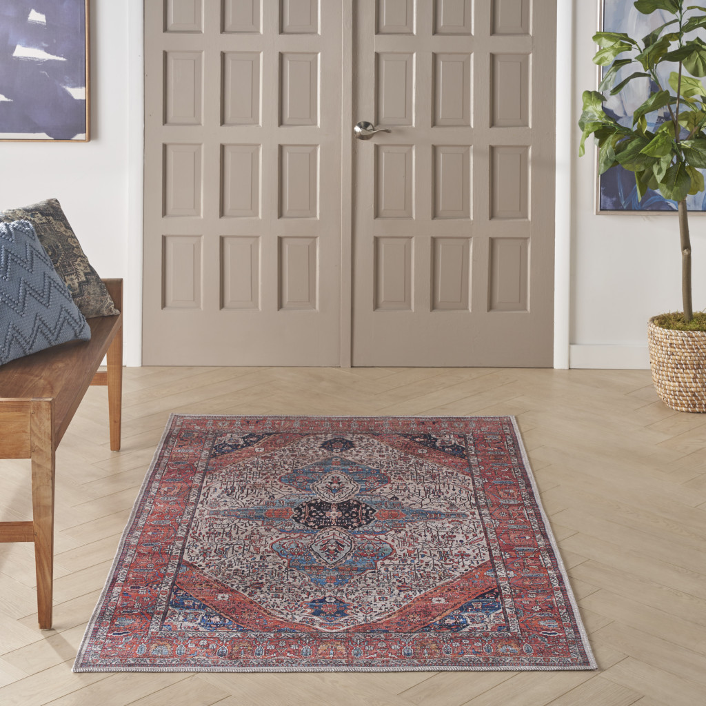 4" X 6" Red and Ivory Oriental Power Loom Distressed Washable Non Skid Area Rug