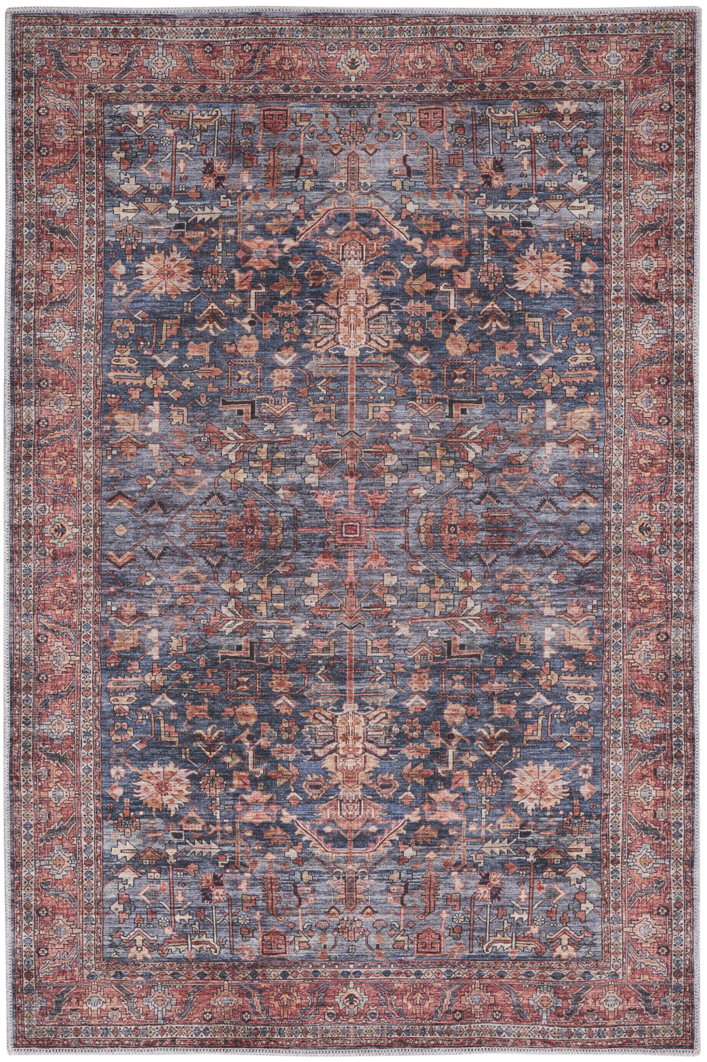4" X 6" Blue and Red Oriental Power Loom Distressed Washable Non Skid Area Rug