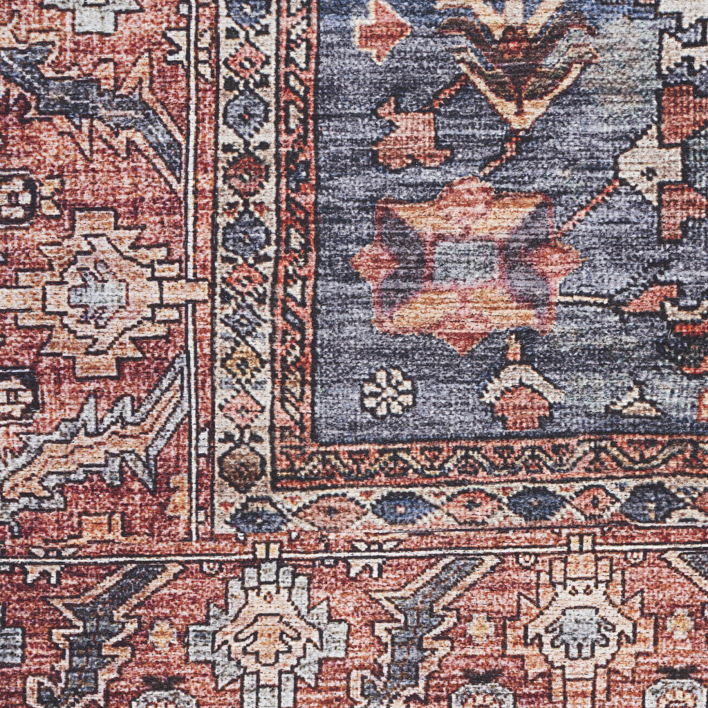 4" X 6" Blue and Red Oriental Power Loom Distressed Washable Non Skid Area Rug