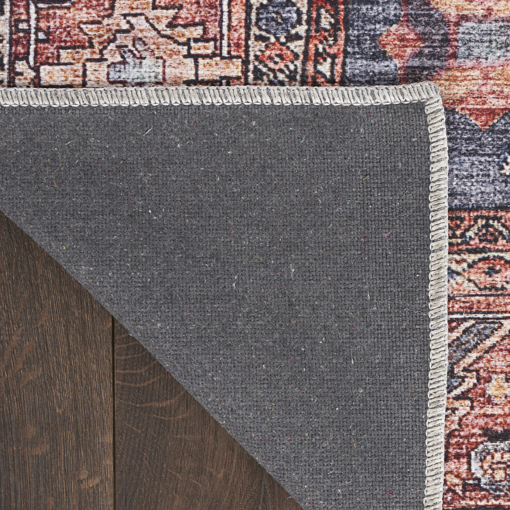 4" X 6" Blue and Red Oriental Power Loom Distressed Washable Non Skid Area Rug