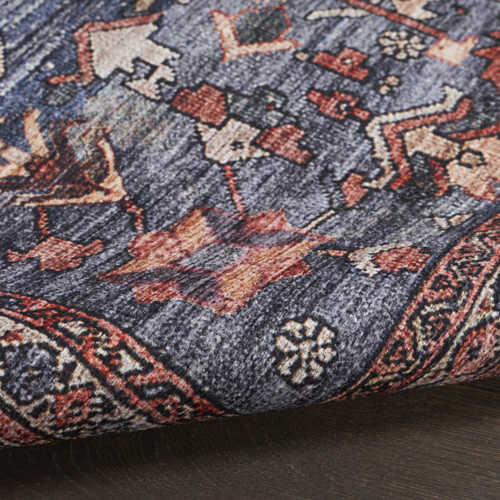 4" X 6" Blue and Red Oriental Power Loom Distressed Washable Non Skid Area Rug