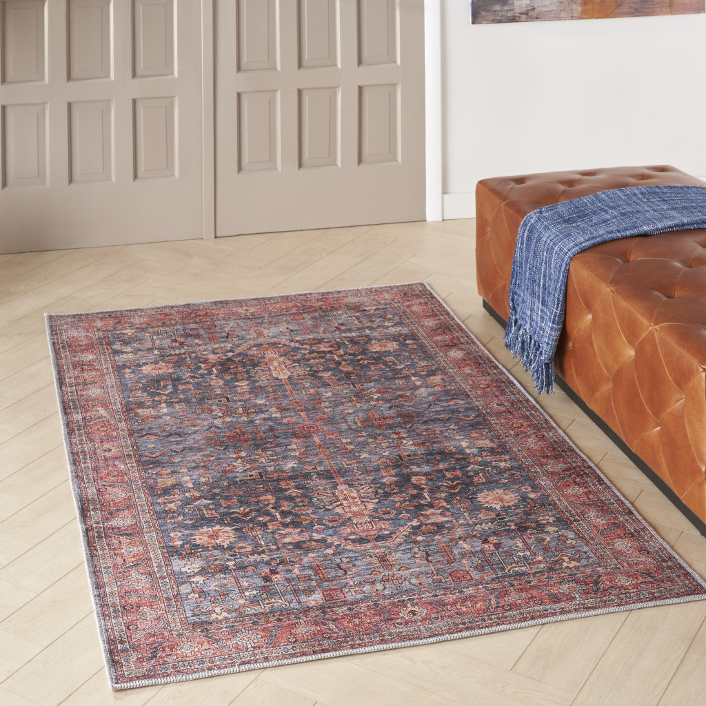 4" X 6" Blue and Red Oriental Power Loom Distressed Washable Non Skid Area Rug