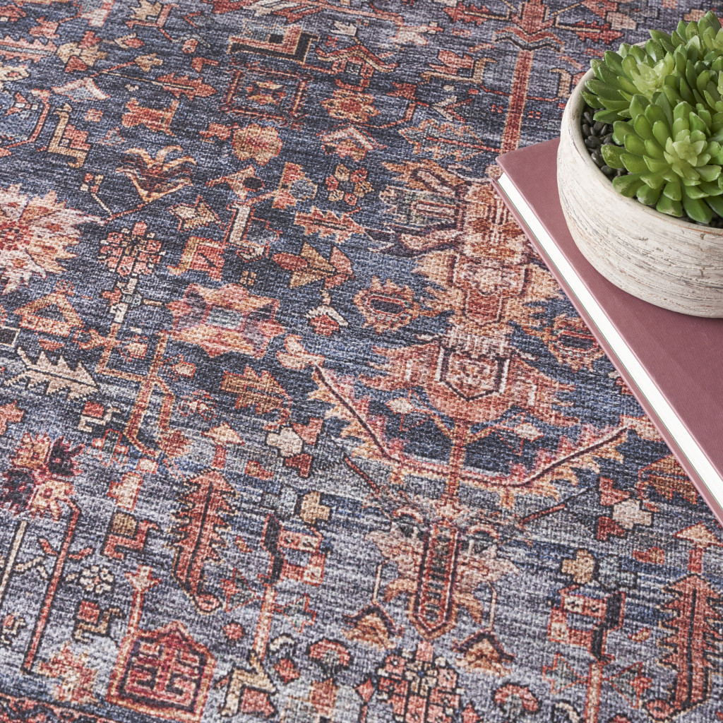 4" X 6" Blue and Red Oriental Power Loom Distressed Washable Non Skid Area Rug