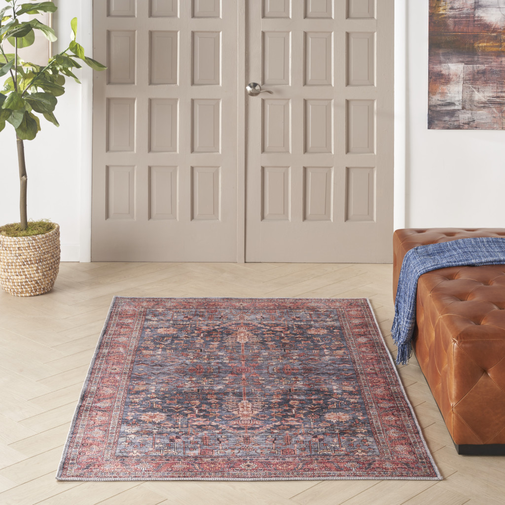 4" X 6" Blue and Red Oriental Power Loom Distressed Washable Non Skid Area Rug