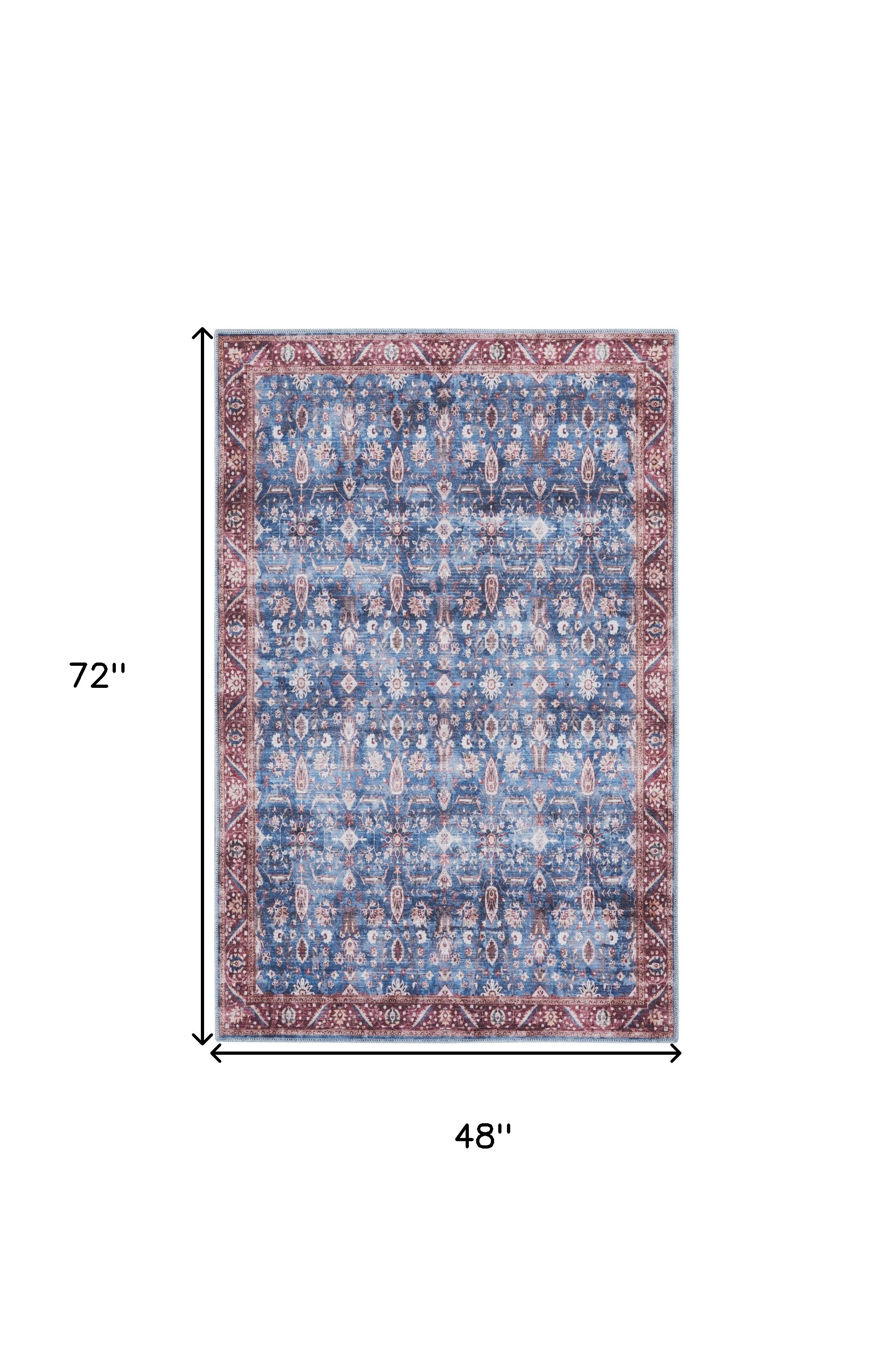 4" X 6" Blue and Red Oriental Power Loom Distressed Washable Non Skid Area Rug