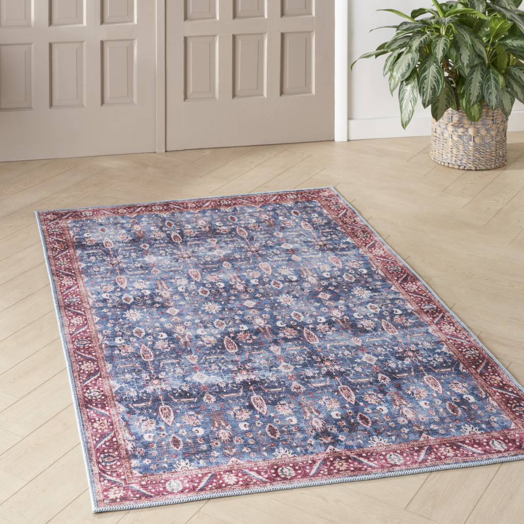 4" X 6" Blue and Red Oriental Power Loom Distressed Washable Non Skid Area Rug