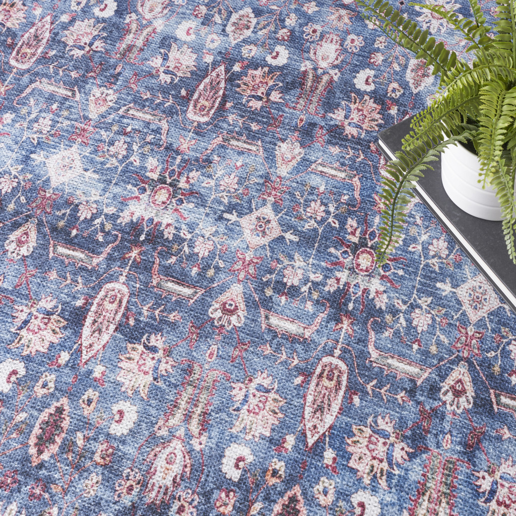 4" X 6" Blue and Red Oriental Power Loom Distressed Washable Non Skid Area Rug