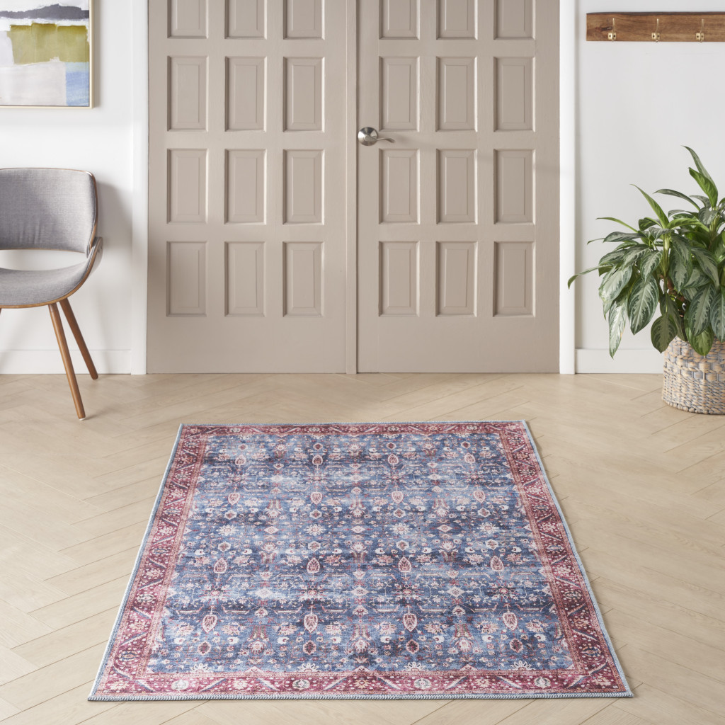 4" X 6" Blue and Red Oriental Power Loom Distressed Washable Non Skid Area Rug