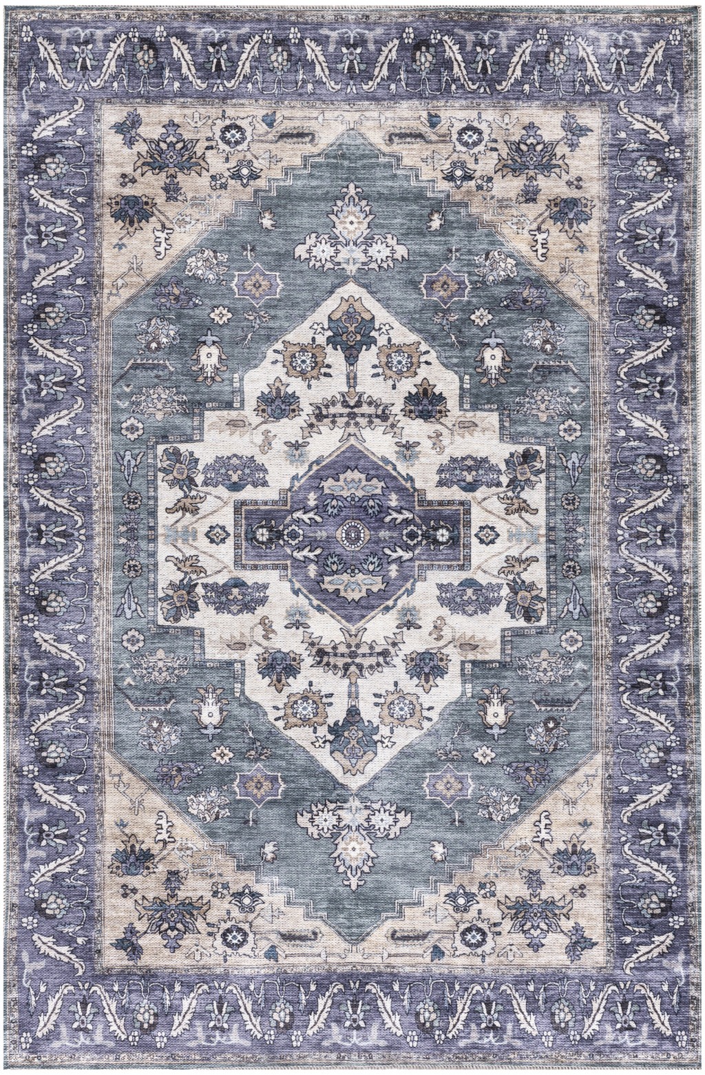 4" X 6" Blue and Beige Oriental Power Loom Distressed Washable Non Skid Area Rug