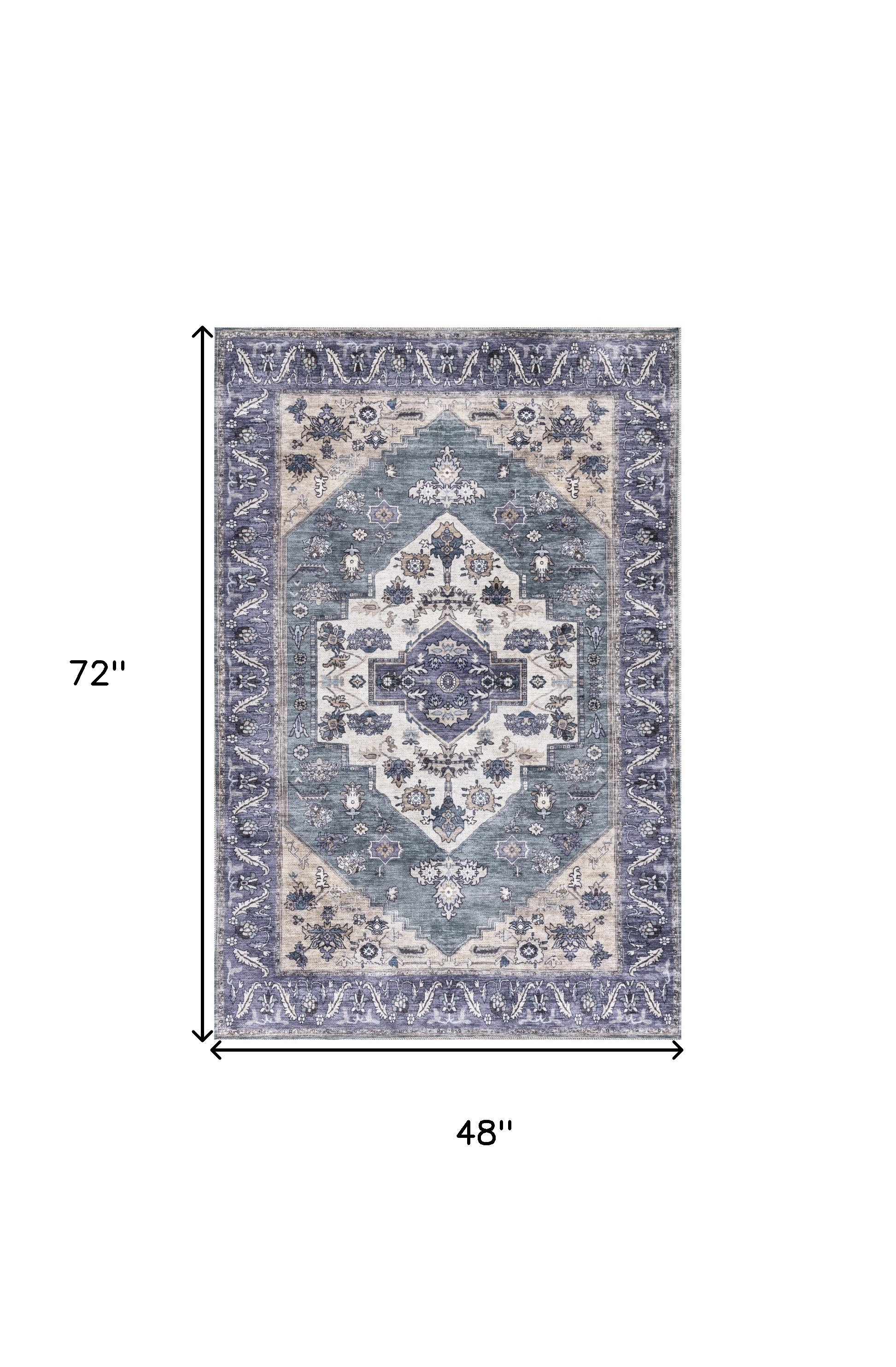 4" X 6" Blue and Beige Oriental Power Loom Distressed Washable Non Skid Area Rug