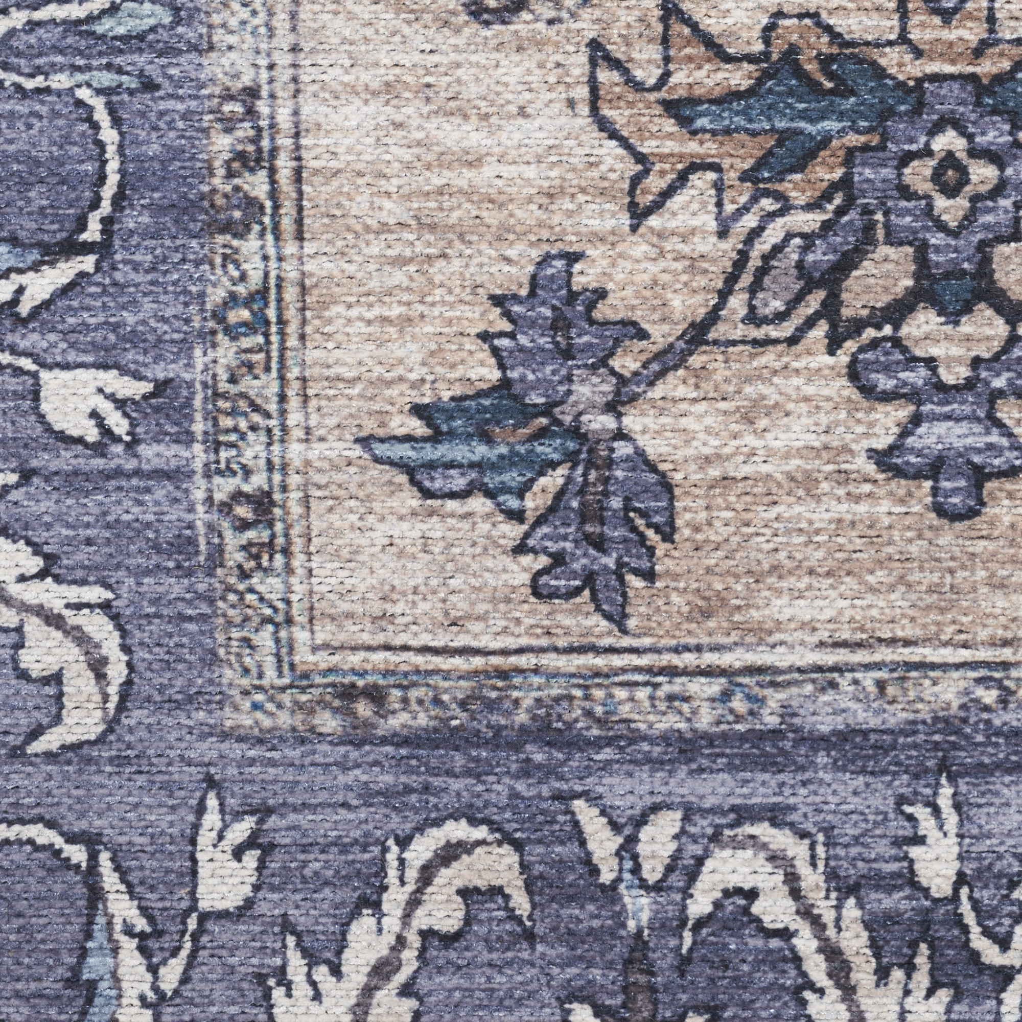 4" X 6" Blue and Beige Oriental Power Loom Distressed Washable Non Skid Area Rug
