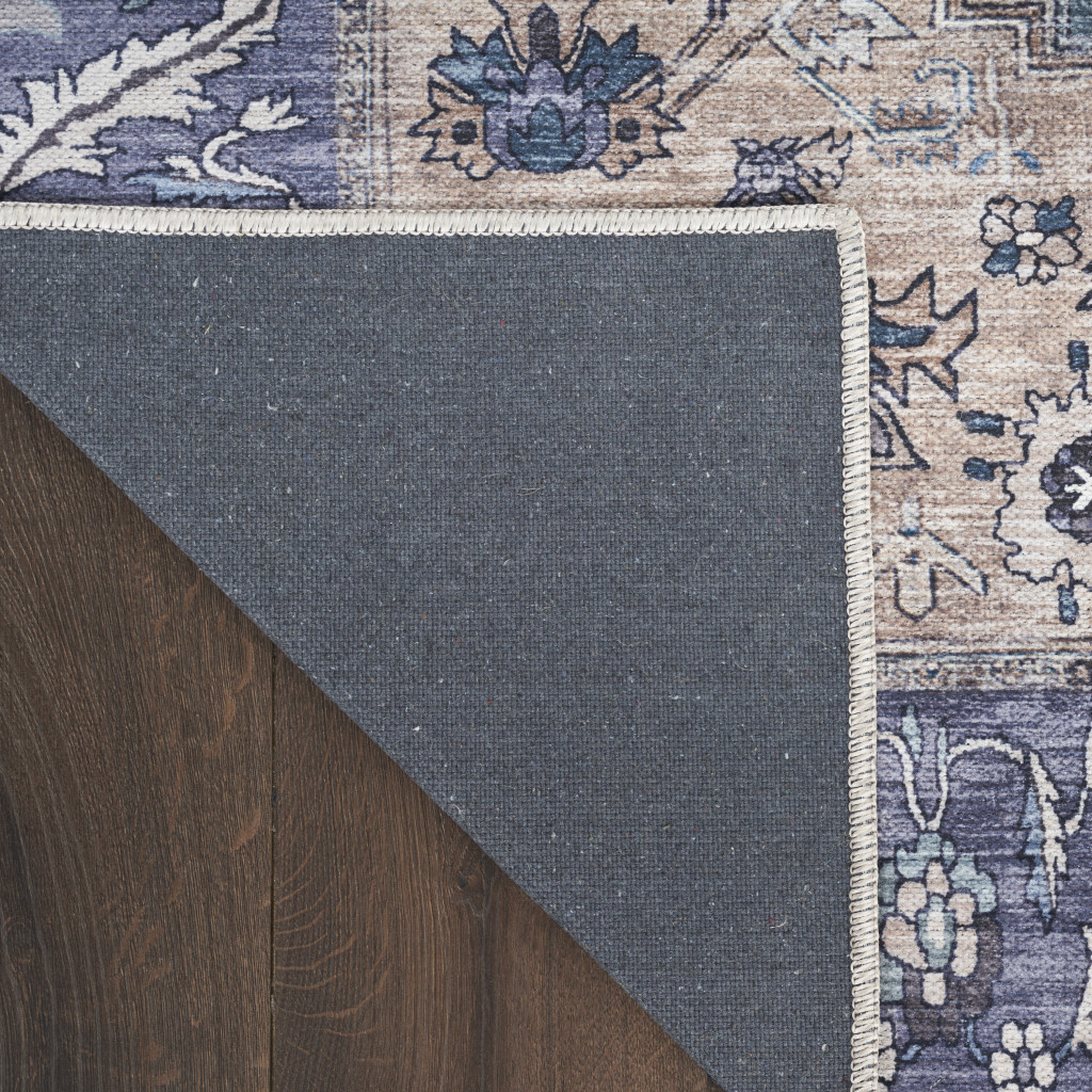 4" X 6" Blue and Beige Oriental Power Loom Distressed Washable Non Skid Area Rug