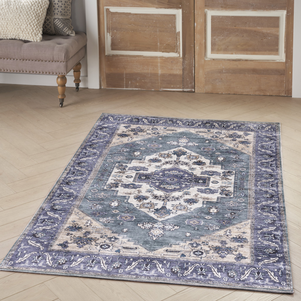 4" X 6" Blue and Beige Oriental Power Loom Distressed Washable Non Skid Area Rug