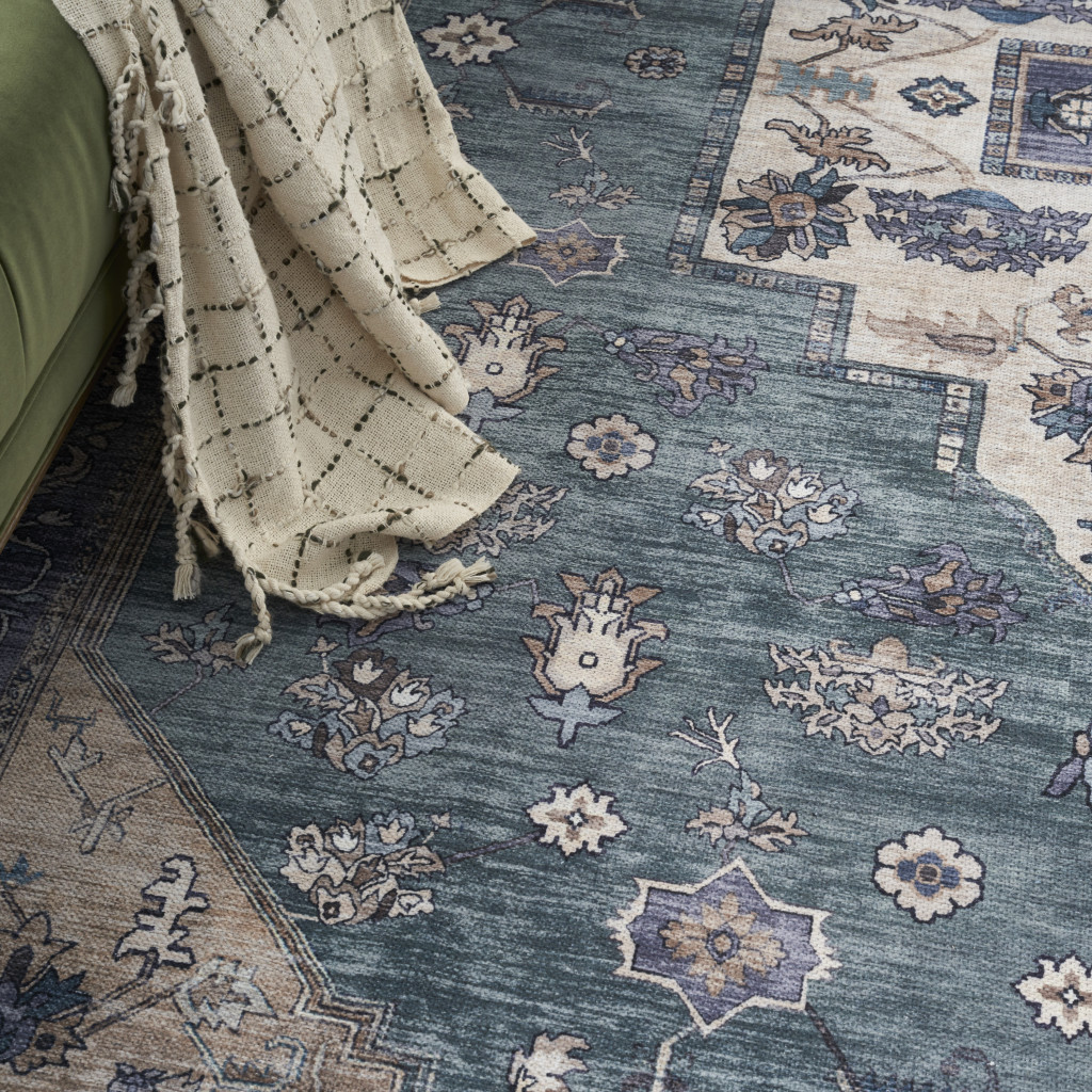 4" X 6" Blue and Beige Oriental Power Loom Distressed Washable Non Skid Area Rug